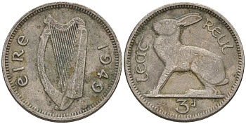 Ирландия 3 пенса 1949 заяц KM 12a медно-никель 4596-1062