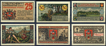 Кенигсвинтер (Германия) набор из 3 банкнот (25, 50 и 75 пфеннигов) 1921 DeNG 1/2 731.1-1/3, 2/3, 3/3 бумага UNC (пресс) 7556-8-4-1