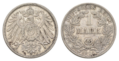 Германия 1 марка 1904 F, Вильгельм II (1888-1918) KM 14, J. 17 серебро 4626-153