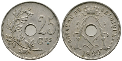 Бельгия 25 сантимов 1929 Belgique KM 68.1 медно-никель 4379-1417