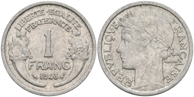 Франция 1 франк 1948 KM 885a.1 алюминий 4142-957