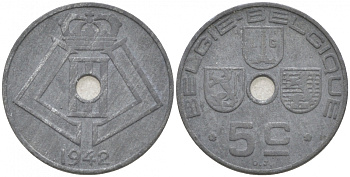 БЕЛЬГИЯ 5 САНТИМОВ 1942 BELGIE-BELGIQUE KM 124 никель латунь 4549-1142