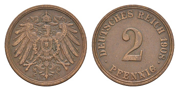 Германия 2 пфеннига 1908 A, Вильгельм II (1888-1918) KM 16, J. 11 медь 4647-851