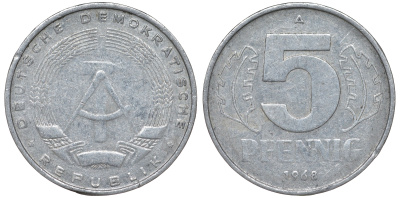 ГДР 5 ПФЕННИГОВ 1968 A KM 9.1 алюминий 62-156