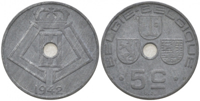 БЕЛЬГИЯ 5 САНТИМОВ 1942 BELGIE-BELGIQUE KM 124 никель латунь 4549-1142