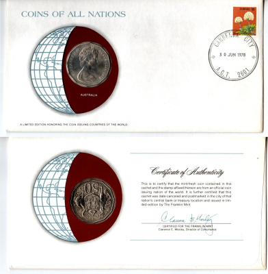 Австралия 50 центов 1978 конверт с маркой первого дня гашения, Coins of Nations KM 68 медно-никель UNC 4295-3-1