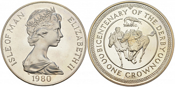 Остров Мэн 1 крона 1980 200 лет дерби, ипподромные скачки KM 63a серебро PROOF 02-037-12