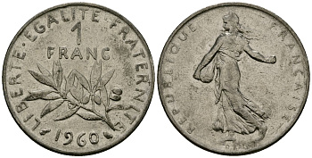 Франция 1 франк 1960 сеятель KM 925 никель 4135-811