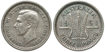 Австралия 3 пенса 1951 m, Георг VI (1937-1952), без букв KM 44 серебро 71-348