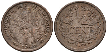 Нидерланды 1/2 цента 1940 Вильгельмина (1890-1948) KM 138 бронза 4588-1069