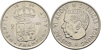 Швеция 2 кроны 1969 U, Густав VI Адольф (1950-1973) KM 827а медно-никель UNC 4517-545