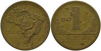 Бразилия 1 крузейро 1947 KM 558 алюминиевая бронза 4577-411