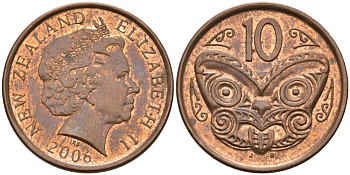 Новая Зеландия 10 центов 2006 Елизавета II (1952-2022), маска маори KM 117а сталь плакированная медью 106-1015