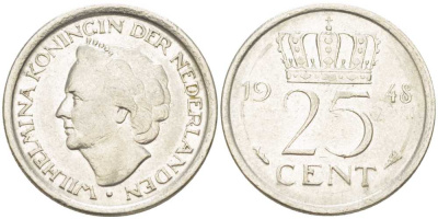 НИДЕРЛАНДЫ 25 ЦЕНТОВ 1948 ВИЛЬГЕЛЬМИНА (1890-1948) KM 177 никель 211-619