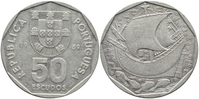 ПОРТУГАЛИЯ 50 ЭСКУДО 1989 KM 636 медно-никель 4394-816