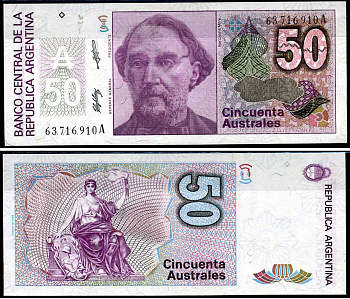 Аргентина 50 аустралей ND (1986-1989) Бартоломе Митре Мартинес Pick 326 b (2) бумага UNC (пресс) 7198-3-4-1