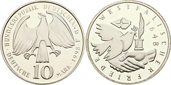 ФРГ 10 марок 1998 D, 350 лет Вестфальскому мирному договору KM 191 серебро PROOF 02-222-35