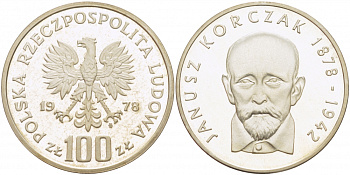 Польша 100 злотых 1978 MW, 100 лет со дня рождения Януша Корчака (1878-1942) KM 94 серебро PROOF 1082-1-32