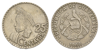 Гватемала 25 сентаво 1966 KM 268 медно-никель 4654-631