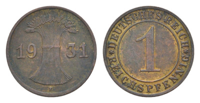 Германия 1 рейхспфенниг 1931 F KM 37, J. 313 бронза 4636-325