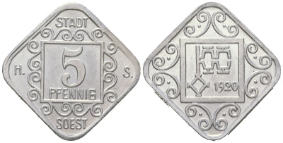 Зоест (Пруссия, Вестфалия) 5 пфеннингов 1920 Funck 504.4, Men05 23600.17, Men18 29530.17 алюминий aUNC 4169-1149