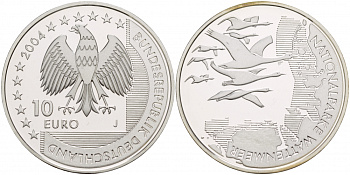 ФРГ 10 евро 2004 J, Национальный парк, Ваттовое море (Wattenmeer) KM 232, DE.S 10.15 серебро PROOF 02-117-12