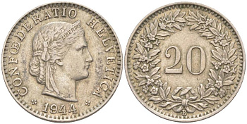 ШВЕЙЦАРИЯ 20 РАППЕНОВ 1944 В KM 29a медно-никель 55-714