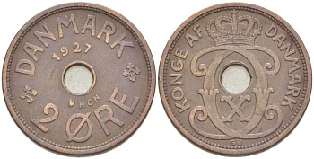 ДАНИЯ 2 ЭРЕ 1927 HCN; GJ, КРИСТИАН X (1912-1947) KM 827.1 бронза 212-945