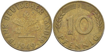 ФРГ 10 пфеннигов 1949 J KM 103, J.378 сталь плакированная латунью 219-1042