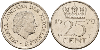 Нидерланды 25 центов 1979 Юлиана (1949-1980) KM 183 никель    4598-532