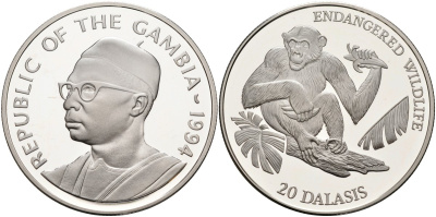 Гамбия 20 даласи 1994 серия защита окружающей среды, обезьяна, тираж 15000 экз. KM 38 серебро PROOF 1098-1-44