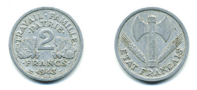 Франция 2 франка 1943 правительство Виши KM 904.1 алюминий 54-1216