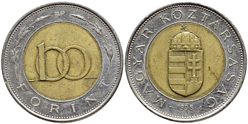 ВЕНГРИЯ 100 ФОРИНТОВ 1998 KM 721 биметалл 4382-1116