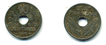 ФРАНЦИЯ 10 САНТИМОВ 1941 ПРАВИТЕЛЬСТВО ВИШИ KM 898.1 цинк 84-847