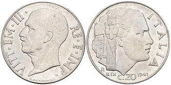 ИТАЛИЯ 20 ЧЕНТЕЗИМО 1941 R, ГОД XIX, ВИКТОР ЭММАНУИЛ III (1900-1946) KM 75b, VEM3. 1028 нержавеющая сталь 3853-946