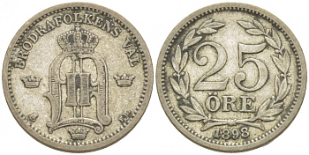 Швеция 25 эре 1898 EB, Оскар II (1872-1907) король Швеции и Норвегии KM 739 (531) серебро 3309-847