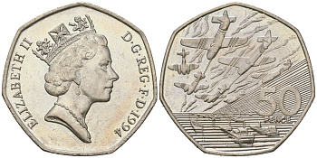 Великобритания 50 пенсов 1994 Елизавета II (1952-2022), 50 лет высадки союзников в Нормандии (день D) KM 966, Spink H6 медно-никель aUNC 4590-143