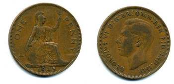 Великобритания 1 пенни 1945 Георг VI (1936-1952) KM 845, Spink 4114 бронза 37-1022