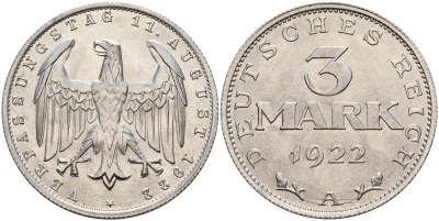 Германия 3 марки 1922 A, третья годовщина Веймарской Конституции KM 29, J. 303 алюминий 4117-121