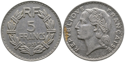 Франция 5 франков 1933 KM 888, Le Franc 336 никель 87-1332