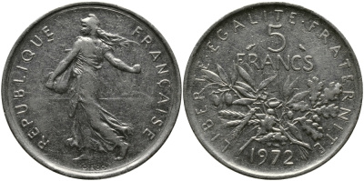 ФРАНЦИЯ 5 ФРАНКОВ 1972 СЕЯТЕЛЬ KM 926a.1, LE FRANC 341.4 медно-никель плакированный никелем 97-636