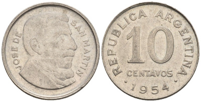 Аргентина 10 сентаво 1954 генерал Хосе де Сан Мартин KM 51, Schon 50a.2 сталь плакированная никелем    4609-1165