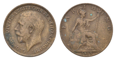 Великобритания 1 фартинг 1919 Георг V (1910-1936) KM 808.2, Spink 4060 бронза 4664-249