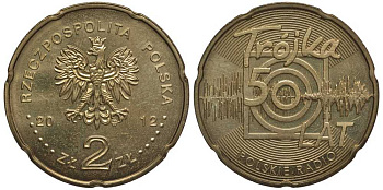 ПОЛЬША 2 ЗЛОТЫХ 2012 50 ЛЕТ ПОЛЬСКОМИУ РАДИО ТРОЙКА KM 816 латунь 111-543