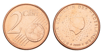 Нидерланды 2 евроцента 2000 Беатрикс (1980-2013), из ролла KM 235 сталь плакированная медью  UNC  M65-03
