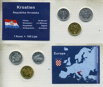 Хорватия набор из 3 монет (1, 2 и 5 лип) 2001, 2005 и 2007 в красочном блистер, в запайке KM 3, 4 и 5 UNC 4-3-2-45