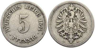 ГЕРМАНИЯ 5 ПФЕННИГОВ 1874 А, СТАРОГЕРБОВКА KM 3, Jager 3, Weege 5 медно-никель 4546-1021