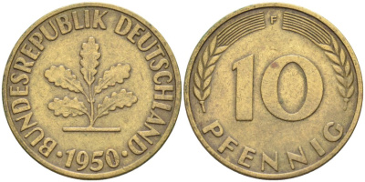 ФРГ 10 пфеннигов 1950 F KM 106 сталь плакированная латунью 4571-531
