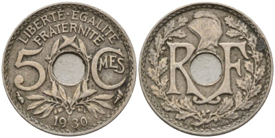 Франция 5 сантимов 1930 KM 875 медно-никель 4596-569