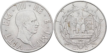 ИТАЛИЯ 2 ЛИРЫ 1941 R, ГОД XIX, ВИКТОР ЭММАНУИЛ III (1900-1946), МАГНИТНАЯ, РЕДКАЯ KM 78b, VEM3. 1156 нержавеющая сталь 3855-323
